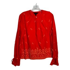 J. Crew Womens Size M Red Embroidered Floral Long Sleeve Blouse Top‎